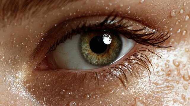 Close-up of a human eye with water droplets, showcasing beauty and detail. The striking colors and texture emphasize the connection between nature and individual expression.