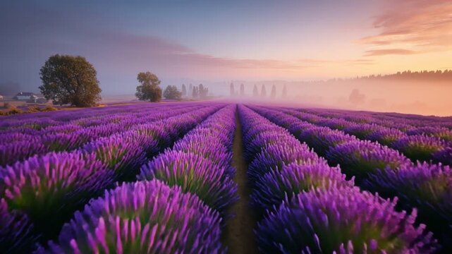 A stunning lavender field at sunrise, showcasing vibrant purple blooms under a clear sky