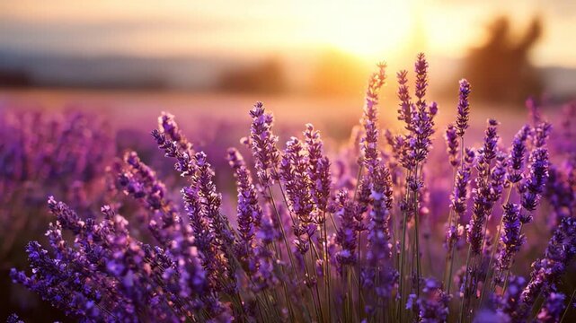 A beautiful lavender field bathed in golden sunlight, showcasing vibrant purple blooms against a serene backdrop