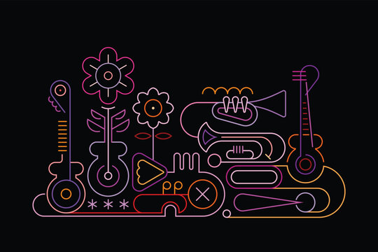 Musical Instruments And Flowers abstract vector neon line art design
