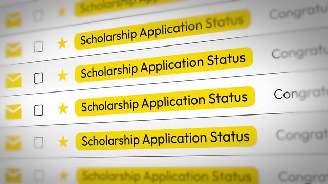 Scholarship application status email notifications with highlighted messages and icons for educational opportunities 4k animation
