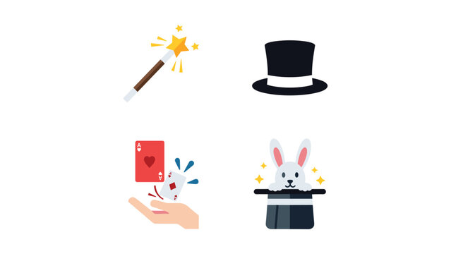 A collection of iconic magic trick symbols and props
