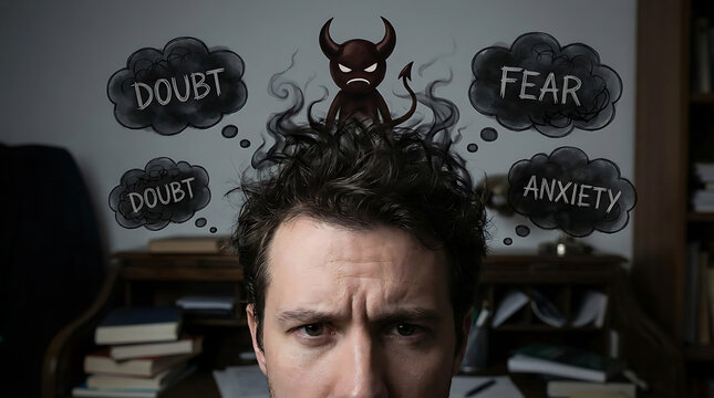 Man experiencing anxiety and fear with a devil on his head in office