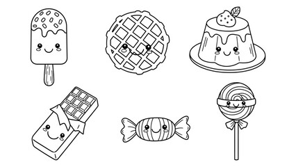 Obraz premium Kawaii dessert vector illustration set of cute smiling sweets for kids coloring book and food branding