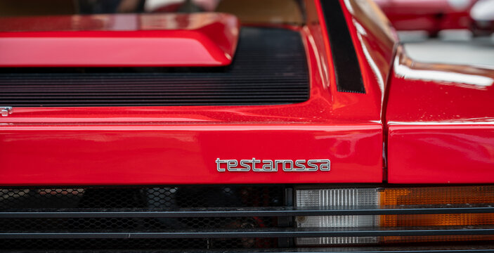 Mondov&igrave; (cuneo), italy, july 21, 2024. Ferrari rally. Ferrari testarossa emblem on the back of the iconic italian luxury sports car, showcasing its classic design and performance heritage
