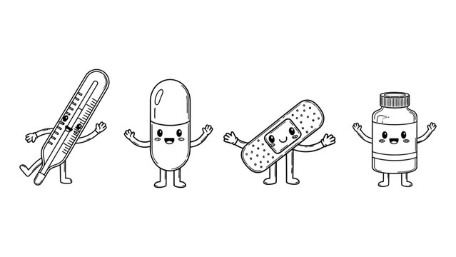 Kawaii medical characters vector illustration featuring thermometer pill bandage and medicine bottle for pediatric healthcare and coloring book concept