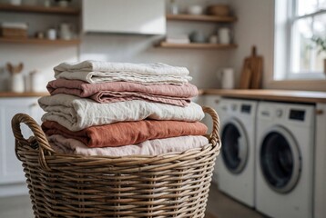 Obraz premium Freshly Folded Laundry in a Wicker Basket in a Modern Bright Room