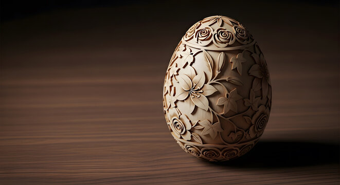 Intricately Carved Wooden Easter Egg with Floral Motifs. A masterpiece of craftsmanship featuring a wooden egg deeply carved with lilies and roses on a dark wood surface.