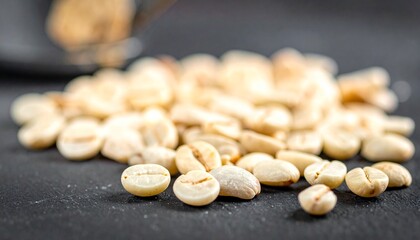 Fototapeta premium Close-up shot of raw, unroasted coffee beans scattered on a dark surface, highlighting their pale green hue