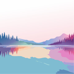 Obraz premium Vibrant and Tranquil Illustrated Landscape with Reflective Lake and Colorful Mountains Under a Soft Sky