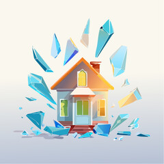 Obraz premium Cartoon House Shattering into Geometric Fragments, Symbolizing Home Instability, Crisis, or Damaged Property