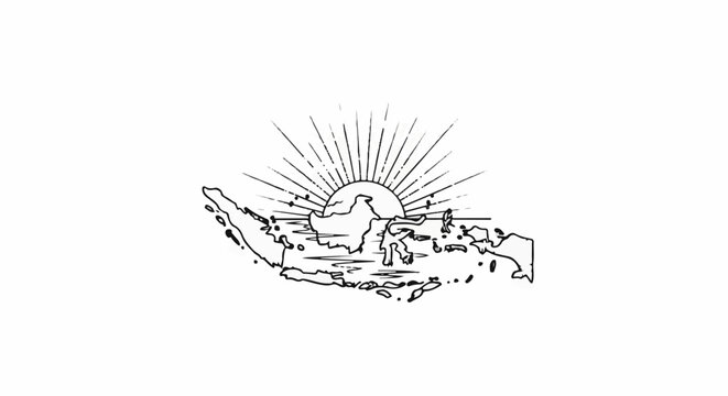 Stylized sunrise over a map shaped like an archipelago