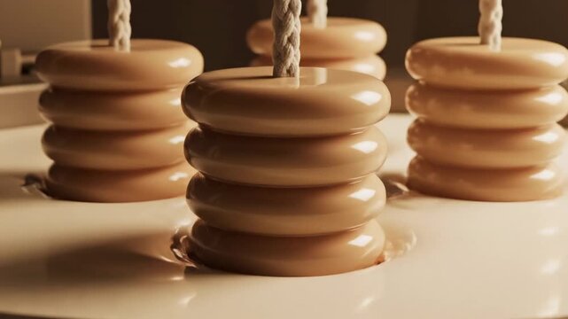 Close up of contemporary pink doughnut shaped candle with thick braided wick on a cream surface