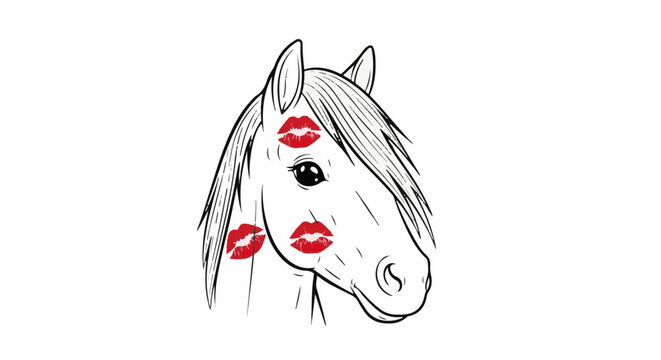 Horse with red lipstick kiss marks