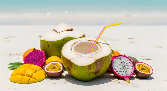 Fresh tropical coconut water with straw on white sand beach, exotic fruit platter with dragon fruit and mango, summer vacation refreshment concept