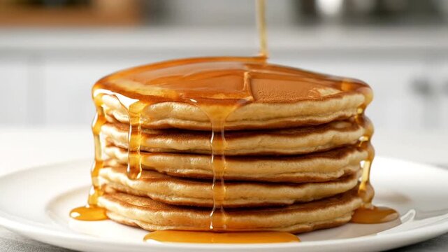 Golden honey syrup was slowly poured over a tall stack of fluffy pancakes on a white plate
