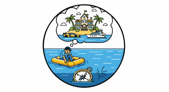 Sad man in raft dreams of luxury, stranded at sea with broken compass