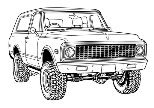 Vintage Classic Off-Road SUV Vector Line Art Illustration, 
Retro 4x4 sport utility vehicle sketch outline drawing