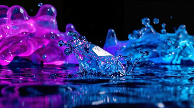 Abstract macro of sparkling liquid diamond and glowing neon violet ink