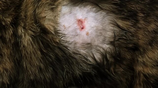 A cat after fight with a lacerated wound on body. An animal bite. Pet treatment. A laceration with blood on the pet's side. The injured area of skin. High quality 4K footage. High quality 4K footage.