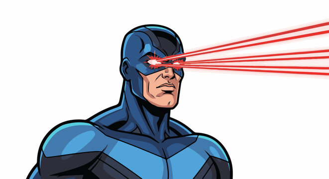 Hero fires red laser beams from determined eyes