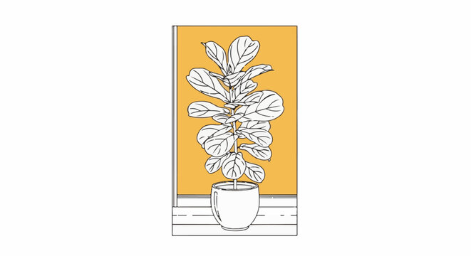 Stylized illustration of a fiddle-leaf fig plant in a pot against a warm yellow background