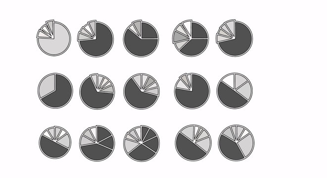 Collection of Pie Chart Icons Representing Data Analysis and Statistics, Various Segments and Shades