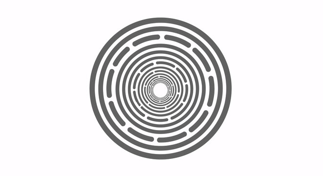 Abstract geometric concentric circles forming an optical illusion tunnel or vortex, modern digital art design element in black and white.