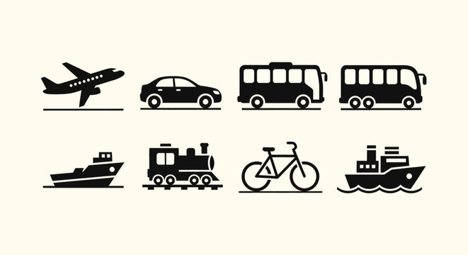 Collection of black silhouette icons representing various modes of transportation including air, land, and sea vehicles in a flat design style.