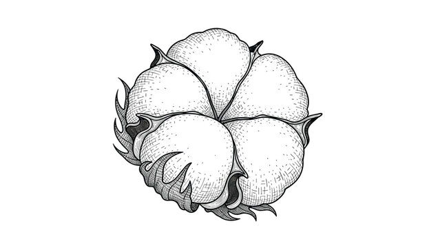 Detailed vintage engraving style illustration of a single cotton boll showing the soft fiber and protective outer casing.