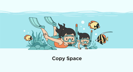 Obraz premium Cartoon children in diving gear explore the ocean with colorful fish