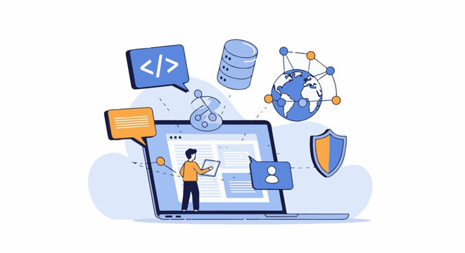 Person interacting with digital interface showing code, network, database, and security