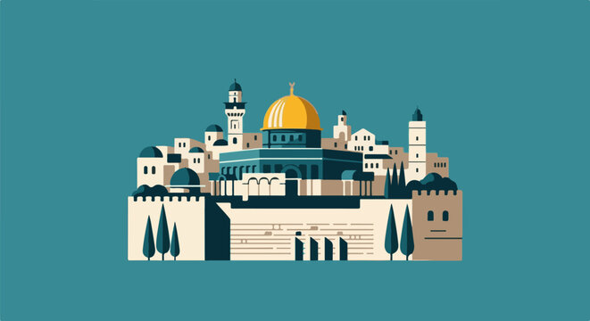 Stylized illustration of Jerusalem cityscape with a prominent golden dome