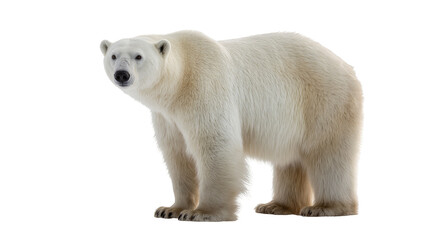 Fototapeta premium Majestic powerful polar bear with thick white fur standing and looking directly forward, perfectly isolated on transparent background for wildlife projects