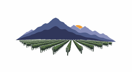 Fototapeta premium Vineyard rows lead to majestic purple mountains under a setting sun