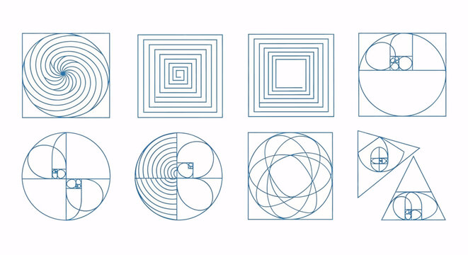 Fibonacci sequence and golden ratio diagrams. Sacred geometry patterns, mathematical spirals, and geometric shapes for science, art, and design concepts.