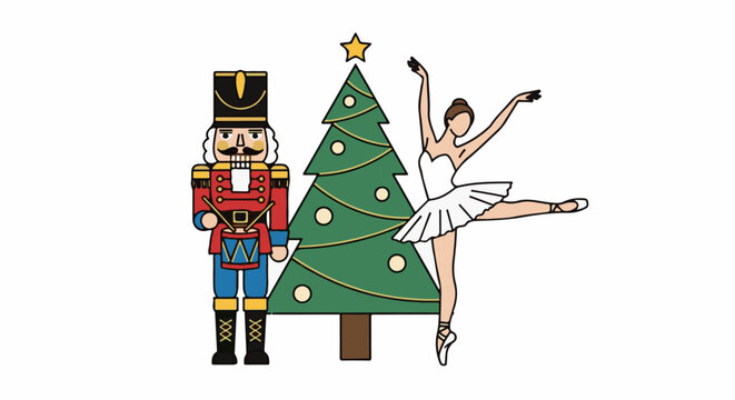 A nutcracker toy and a ballet dancer near a Christmas tree