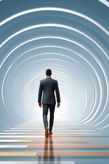Fototapeta premium Businessman walks into a glowing circular tunnel, symbolizing progress, pathways, and future opportunities ahead