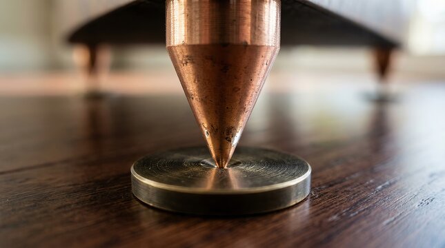 Detailed view of a metal speaker isolation spike on wood