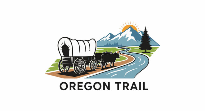 Covered wagon pulled by oxen follows a winding path toward mountains at sunset