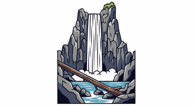 Stylized waterfall cascades down rocky cliffs into a pool with a fallen log