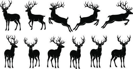 Set of deer silhouettes with large antlers in standing and jumping poses, wild reindeer icons, forest animal nature vector collection, stag hunting elements © MostAyashaSiddika