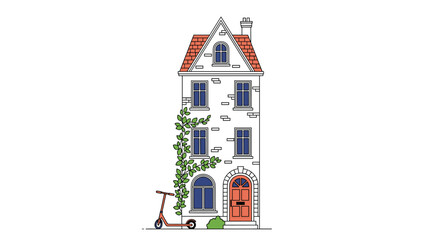 Naklejka premium Narrow three story urban house illustration with a red roof climbing green vines on the side wall and a small kick scooter parked outside.