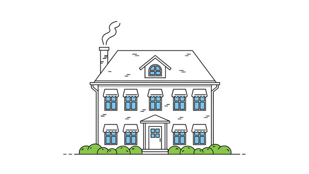 Simple architectural line drawing of a classic two story residential house with a chimney windows and green bushes at the front entrance.