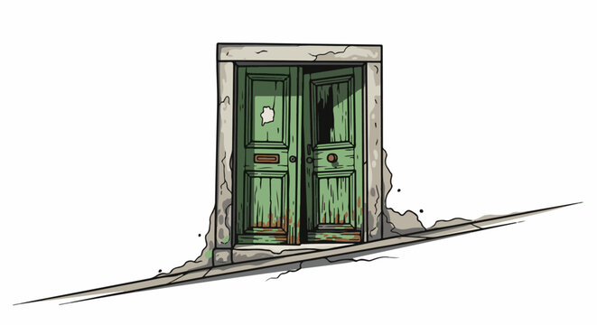 An old, weathered green double door stands ajar, set in a stone frame