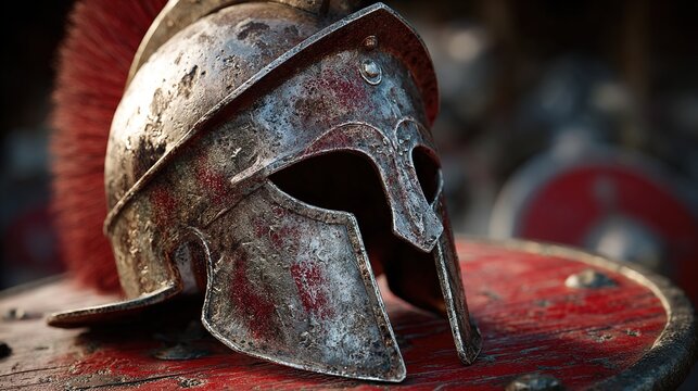 legionary. Roman legionary helmet with battle scars resting on a red shield. event programs, museum guides, designed for cultural heritage projects and event programs, supports education.