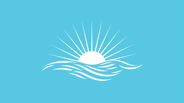 Simple graphic illustration of a bright white sun rising or setting over stylized blue ocean waves against a clean light blue background.