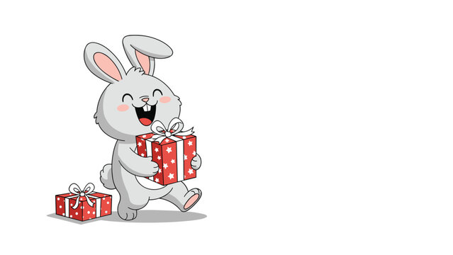 Adorable cartoon illustration of a happy grey bunny rabbit holding a red gift box with white stars and another gift box sitting nearby.