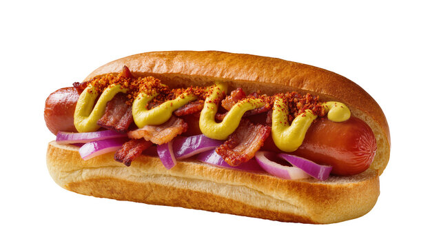Golden toasted bun hot dog loaded with sausage crispy bacon red onion mustard chili, isolated on transparent background