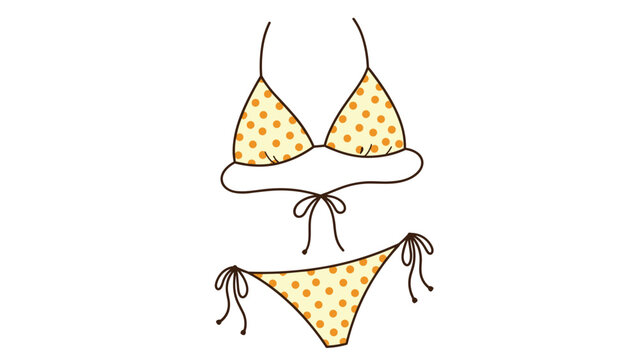 Classic two-piece bikini swimsuit with a yellow and orange polka dot pattern and tie strings on a white background.